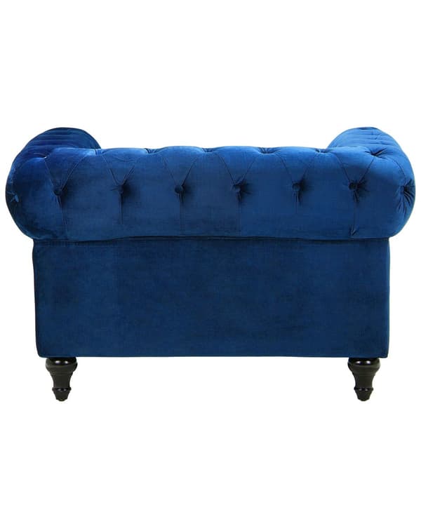 Chesterfield Lenestol Blå Fløyel Stoff Møbeltrekk Mørkt Tre Ben