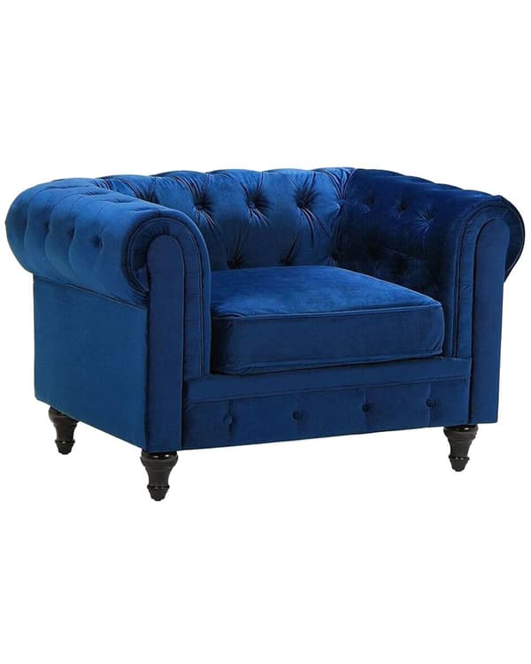 Chesterfield Lenestol Blå Fløyel Stoff Møbeltrekk Mørkt Tre Ben