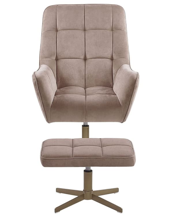 Lenestol og fotskammel Beige fløyelspolstring Gull metallben Moderne Retro Tradisjonell Stue Interiørdel