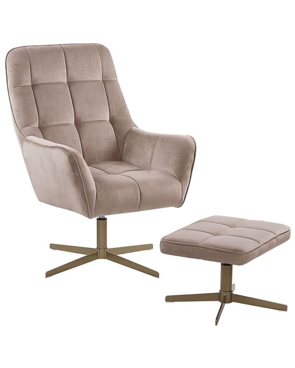 Lenestol og fotskammel Beige fløyelspolstring Gull metallben Moderne Retro Tradisjonell Stue Interiørdel