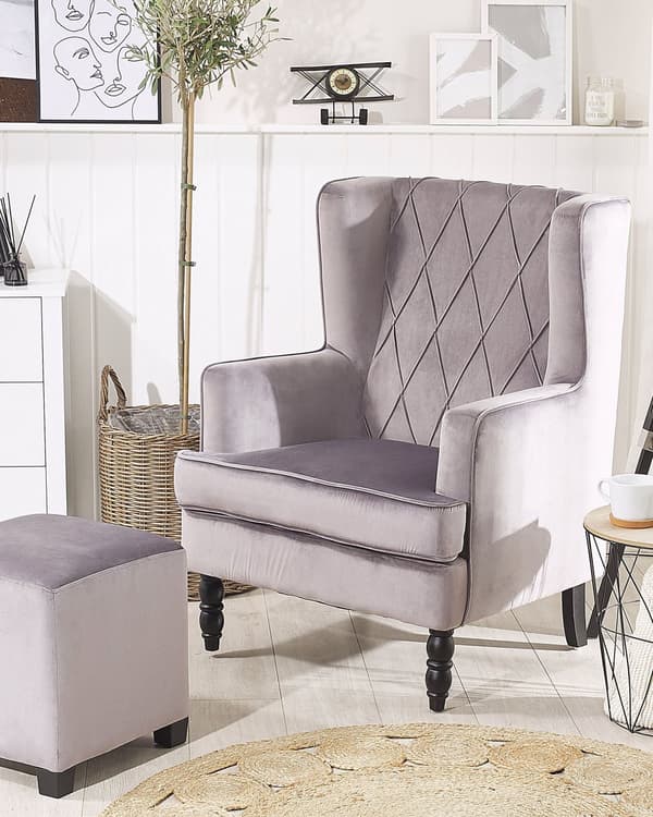 Lenestol med fotskammel Grått fløyelsstoff Treben Wingback Style