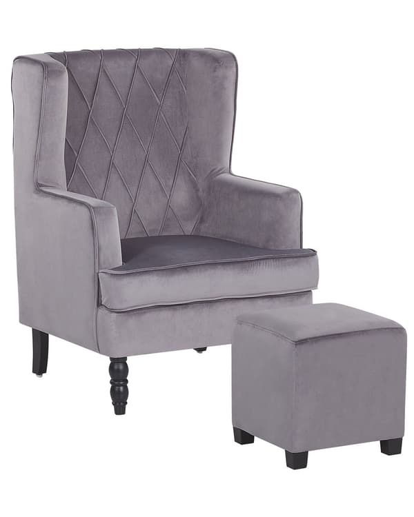 Lenestol med fotskammel Grått fløyelsstoff Treben Wingback Style
