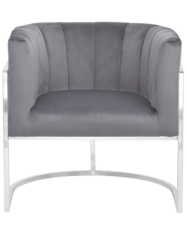Lenestol Grå Fløyelsstoff Sølvfarget Metallramme Skulptert rygg Glam Stil