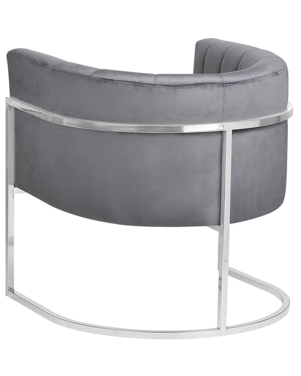 Lenestol Grå Fløyelsstoff Sølvfarget Metallramme Skulptert rygg Glam Stil