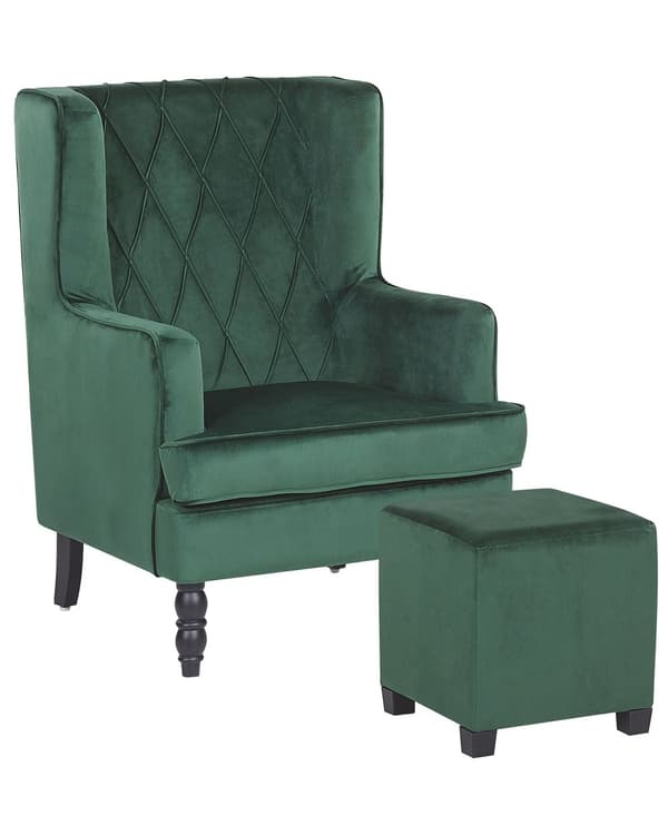 Lenestol med fotskammel Grønt fløyelsstoff Treben Wingback Stil