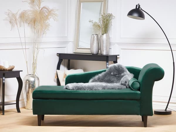 Sjeselong med Grønn Fløyelspolstring med Oppbevaring Høyre med Bolster