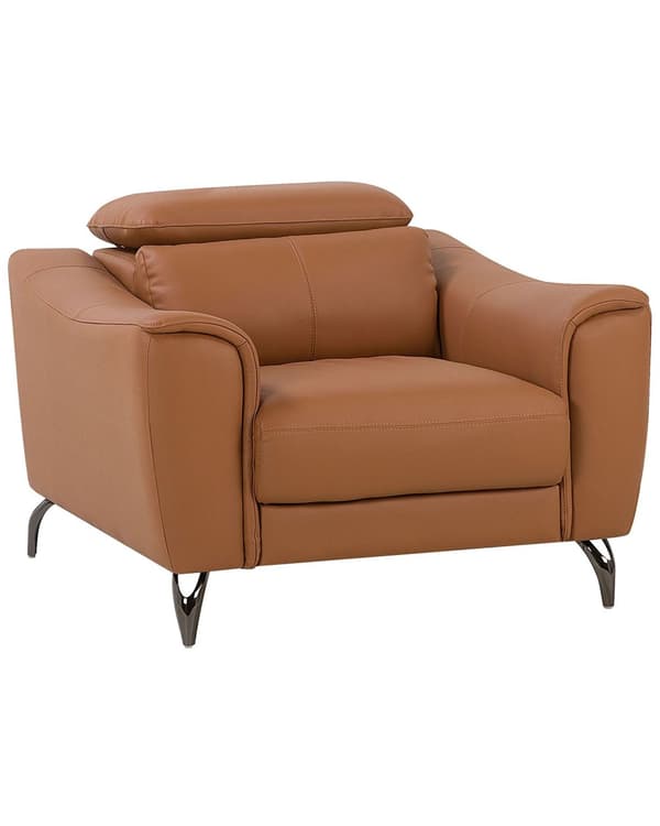 Lenestol i brunt skinn 98 L x 104 B x 93 H Justerbar nakkestøtte Retro