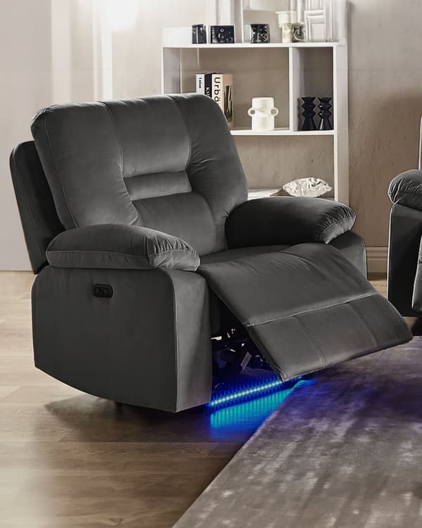 Reclinerfåtölj Mörkgrå Sammet Elektriskt Justerbar Rygg och Fotstöd med LED Modern Vardagsrum