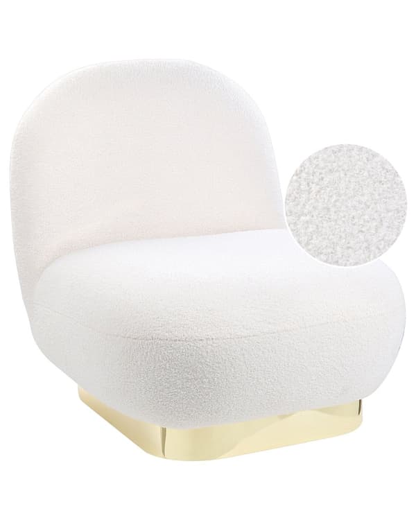 Fåtölj Vit Bouclétyg Mjuk Guld Bas Samtida Glam Art Deco Design Vardagsrum