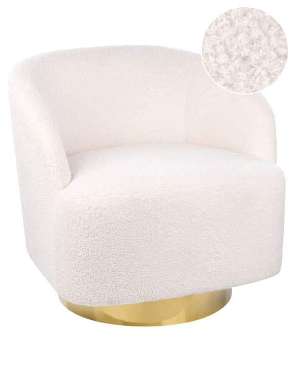 Fåtölj Vit Bouclétyg Mjuk Underrede Guld Vridbar 360° Retro Glam Art Déco Vardagsrum