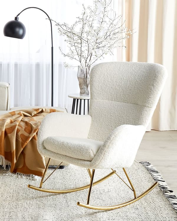 Gungstol Vit och Guld Bouclé Polyestertyg Metallben Skridskor Traditionell Retrodesign Vardagsrum