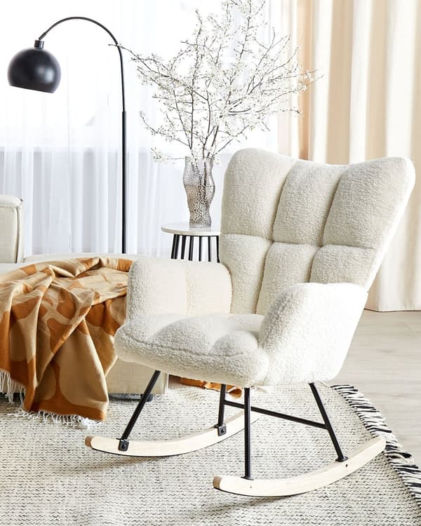Gyngestol Hvit Bouclé Stoff Tre Moderne design Soverom Stue Lenestol Innredning