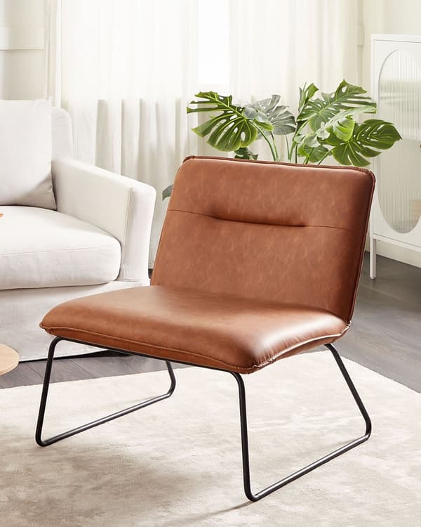 Fåtölj utan Armstöd Brun Konstläder PU-klädsel Bred Sits Vintagedesign Svart Metall