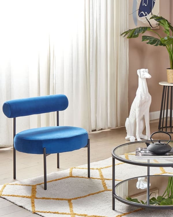 Armløs Stol Marineblå Fløyelspolstring Rundt Sete Rullestol Vintage-Design Svart Metallramme