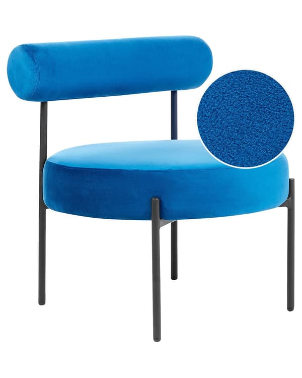 Armløs Stol Marineblå Fløyelspolstring Rundt Sete Rullestol Vintage-Design Svart Metallramme