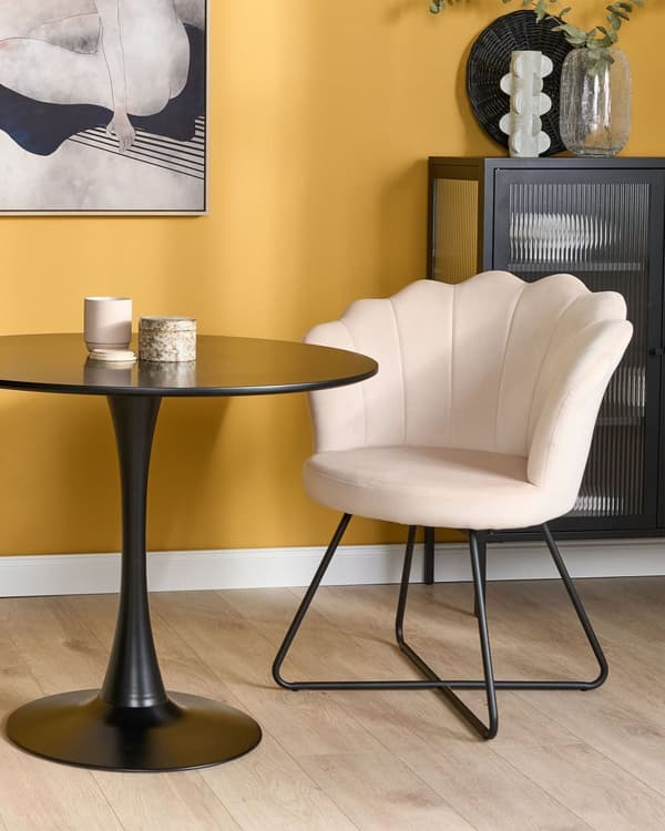 Armløs stol Off-white Fløyelspolstring Vintage Klassisk design Svart metallramme