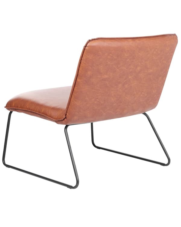 Armløs stol brun kunstlær PU-polstring bredt sete vintage-design svart metallramme