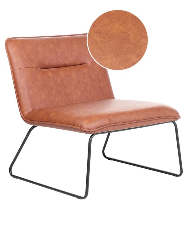 Armløs stol brun kunstlær PU-polstring bredt sete vintage-design svart metallramme