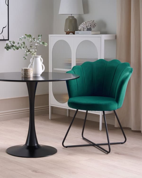 Armløs stol grønn fløyelspolstring vintage klassisk design svart metallramme