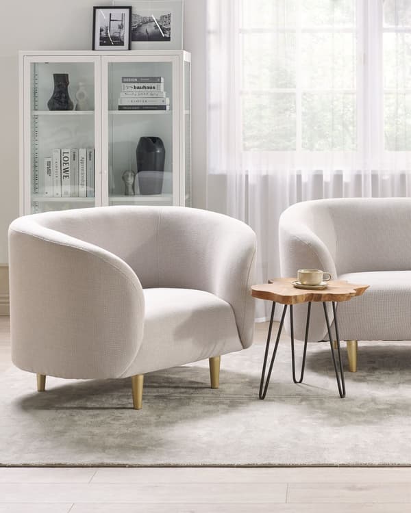 Fåtölj Beige Polyestertyg Mjuk Nubby Guldben Retro Glam Art Deco Design