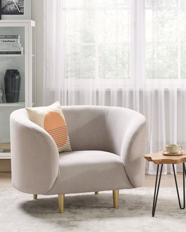 Fåtölj Beige Polyestertyg Mjuk Nubby Guldben Retro Glam Art Deco Design