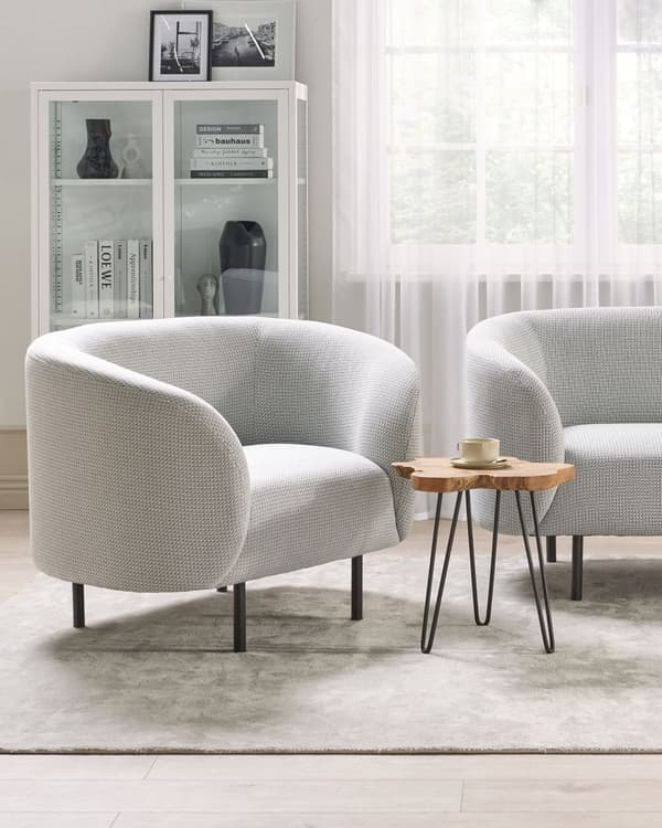 Lænestol Sort og Hvidt Polyesterstof Blødt Nubret Sorte Ben Retro Glamourøs Stil