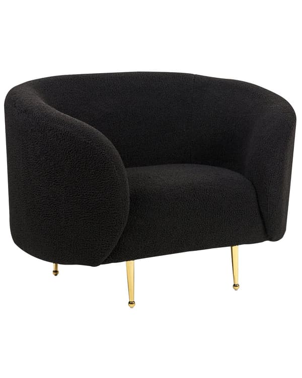 Fåtölj Svart Boucle Tyg Mjuk Nubby Guldben Retro Glam Art Deco Design Vardagsrum Bibliotek