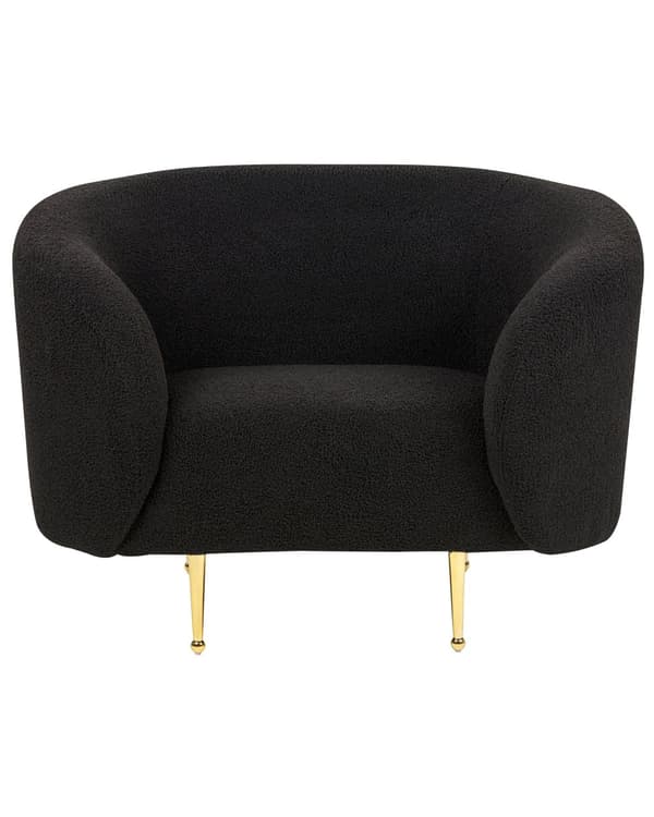 Fåtölj Svart Boucle Tyg Mjuk Nubby Guldben Retro Glam Art Deco Design Vardagsrum Bibliotek