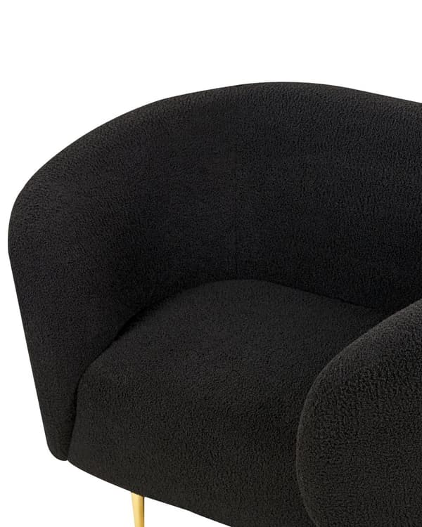 Fåtölj Svart Boucle Tyg Mjuk Nubby Guldben Retro Glam Art Deco Design Vardagsrum Bibliotek