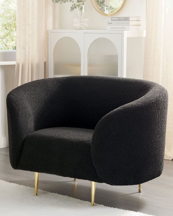 Fåtölj Svart Boucle Tyg Mjuk Nubby Guldben Retro Glam Art Deco Design Vardagsrum Bibliotek