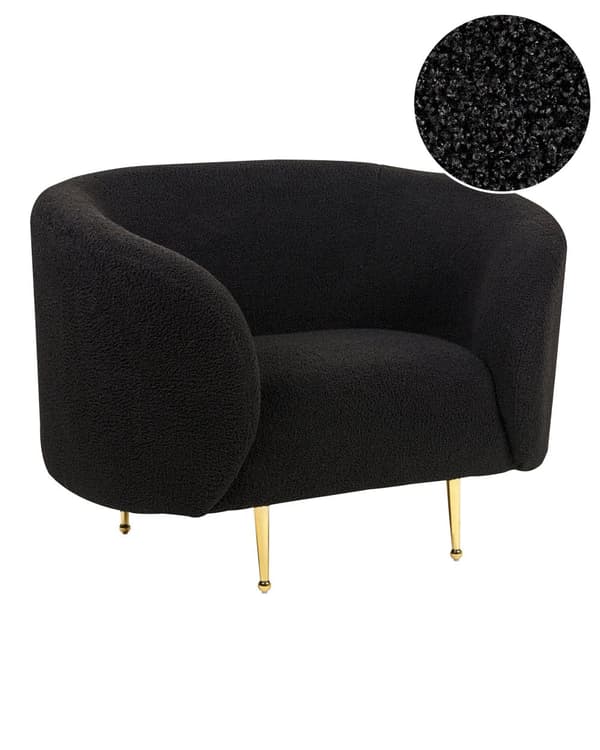 Fåtölj Svart Boucle Tyg Mjuk Nubby Guldben Retro Glam Art Deco Design Vardagsrum Bibliotek
