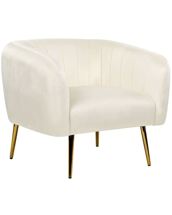 Nojatuoli kermanvalkoinen samettiverhoilu kulta metallijalat puurunko tikattu glamour retro