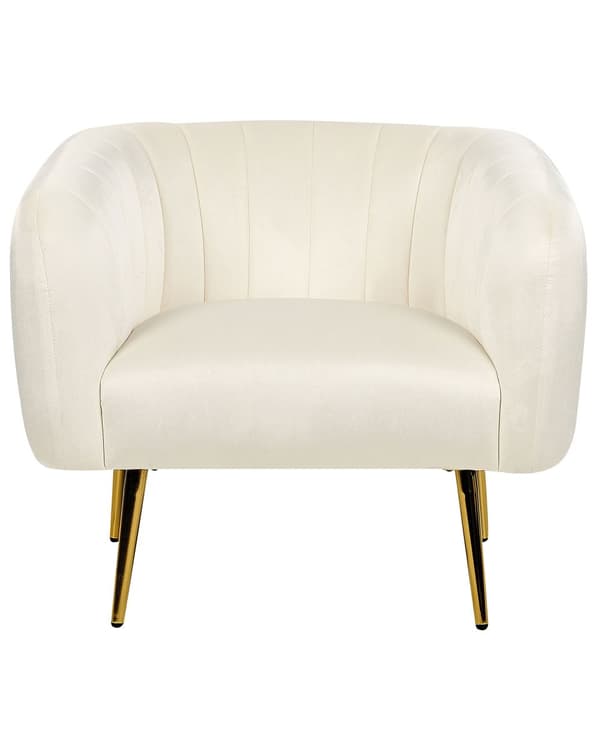 Lænestol Creme Beige Velour Gylden Metalramme Rund Ryg Glamourøs Stil