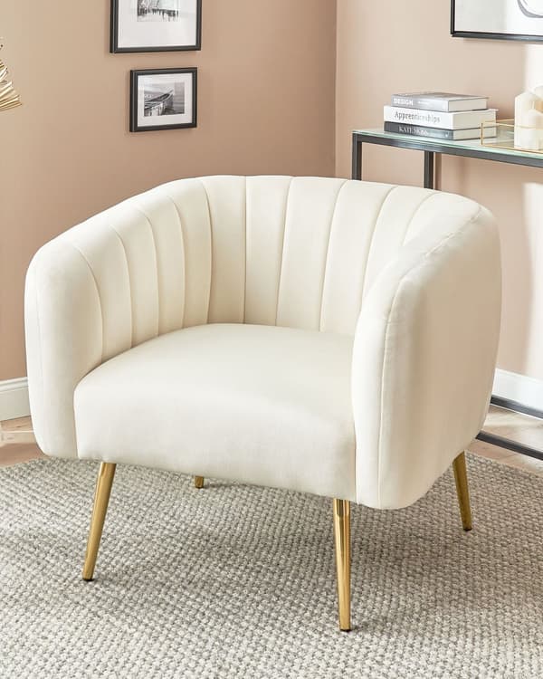 Lænestol Creme Beige Velour Gylden Metalramme Rund Ryg Glamourøs Stil
