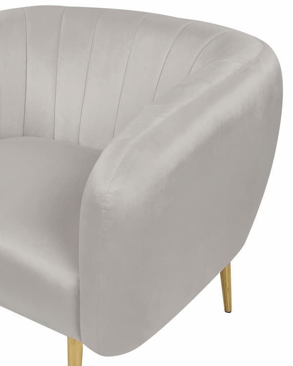 Fåtölj Ljusgrå sammet Gyllene metallram Rund rygg Glam Style
