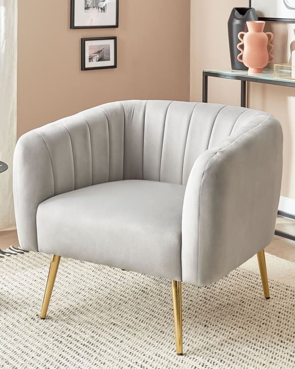 Fåtölj Ljusgrå sammet Gyllene metallram Rund rygg Glam Style