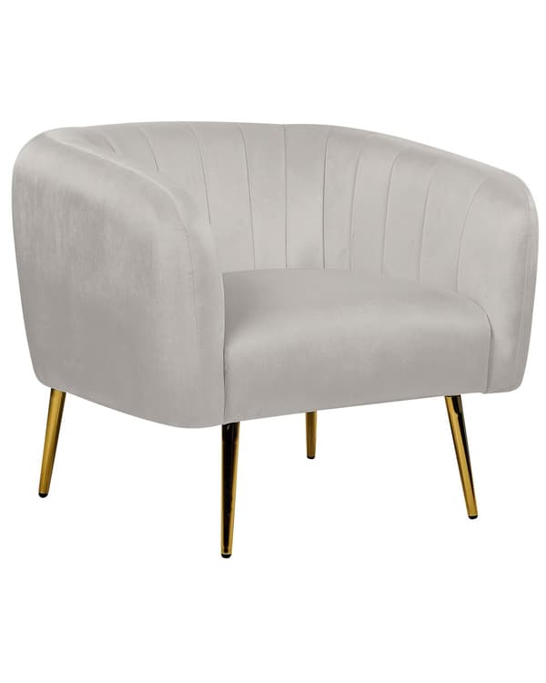 Fåtölj Ljusgrå sammet Gyllene metallram Rund rygg Glam Style
