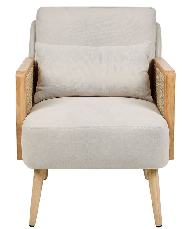 Lænestol Beige Polyester Stof Stuestol med Armlæn til Stuen Bred Hvilestol Fransk Rørflet Polstret Moderne Design Møbel