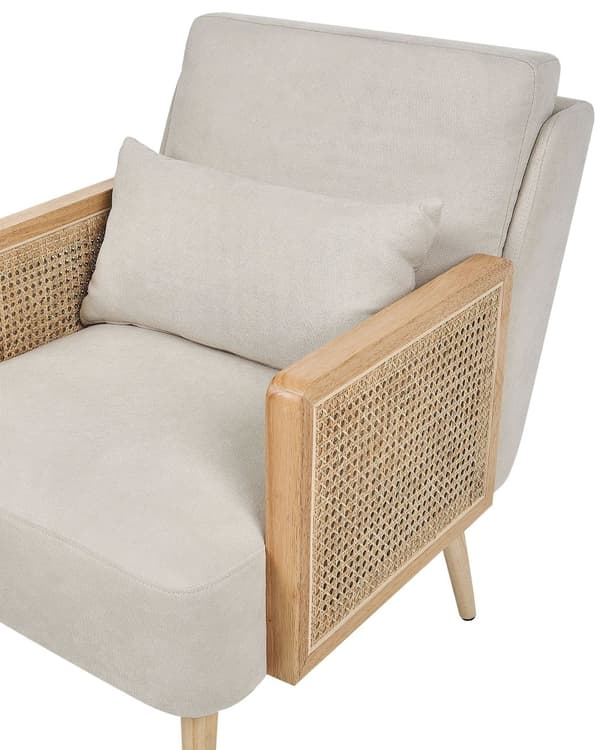 Lænestol Beige Polyester Stof Stuestol med Armlæn til Stuen Bred Hvilestol Fransk Rørflet Polstret Moderne Design Møbel