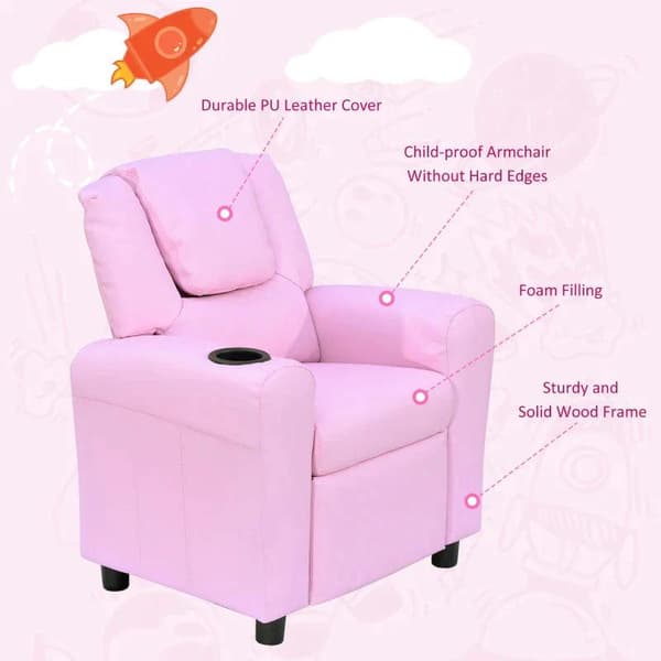 Rootz Børnelænestol - Minilænestol - Børnesofa - Hvilelænestol - Liggefunktion - Indbygget kopholder - Pink - 62 x 52 x 69 cm