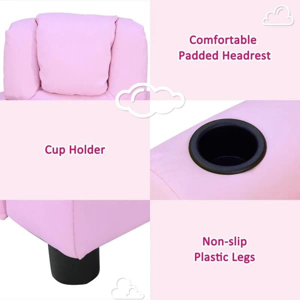 Rootz Børnelænestol - Minilænestol - Børnesofa - Hvilelænestol - Liggefunktion - Indbygget kopholder - Pink - 62 x 52 x 69 cm