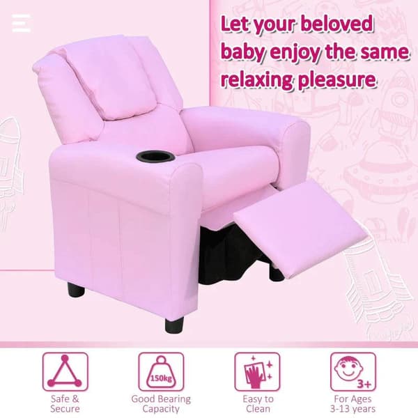 Rootz Børnelænestol - Minilænestol - Børnesofa - Hvilelænestol - Liggefunktion - Indbygget kopholder - Pink - 62 x 52 x 69 cm