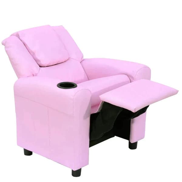 Rootz Børnelænestol - Minilænestol - Børnesofa - Hvilelænestol - Liggefunktion - Indbygget kopholder - Pink - 62 x 52 x 69 cm