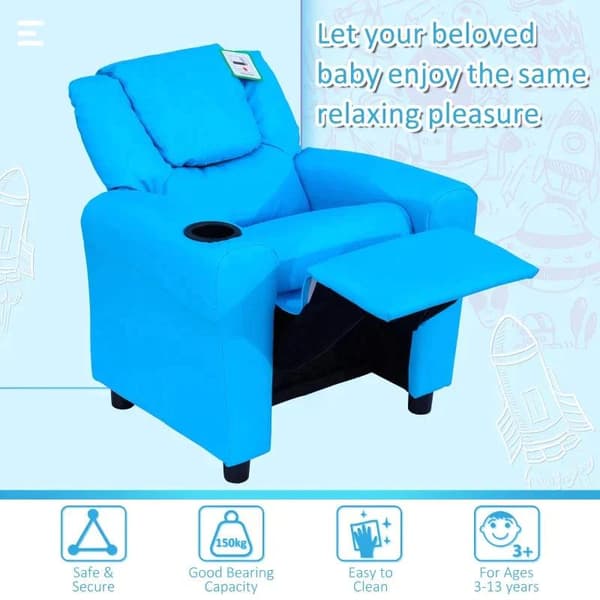 Rootz Børnelænestol - Minilænestol - Børnesofa - Hvilelænestol - Liggefunktion - Indbygget kopholder - Blå - 62 x 52 x 69 cm