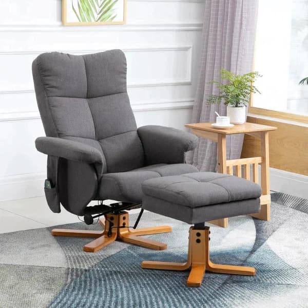 Rootz Afslapningsstol - Massagestol med fodskammel - tv-stol med massagefunktion - hvilestol med træben - polyester - mørkegrå - 80 x 86 x 99 cm