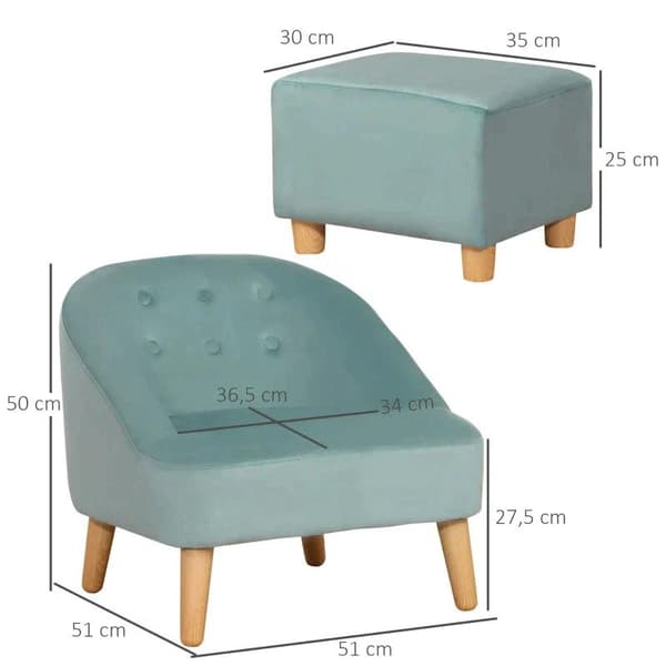 Rootz Fåtölj - Barnfåtölj - Med ottoman - För 3 till 5 år Barn - Söt design - Sammetslook Fåtölj - Grön - 51 cm x 51 cm x 50 cm