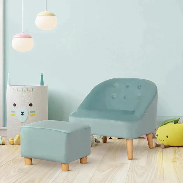 Rootz Fåtölj - Barnfåtölj - Med ottoman - För 3 till 5 år Barn - Söt design - Sammetslook Fåtölj - Grön - 51 cm x 51 cm x 50 cm