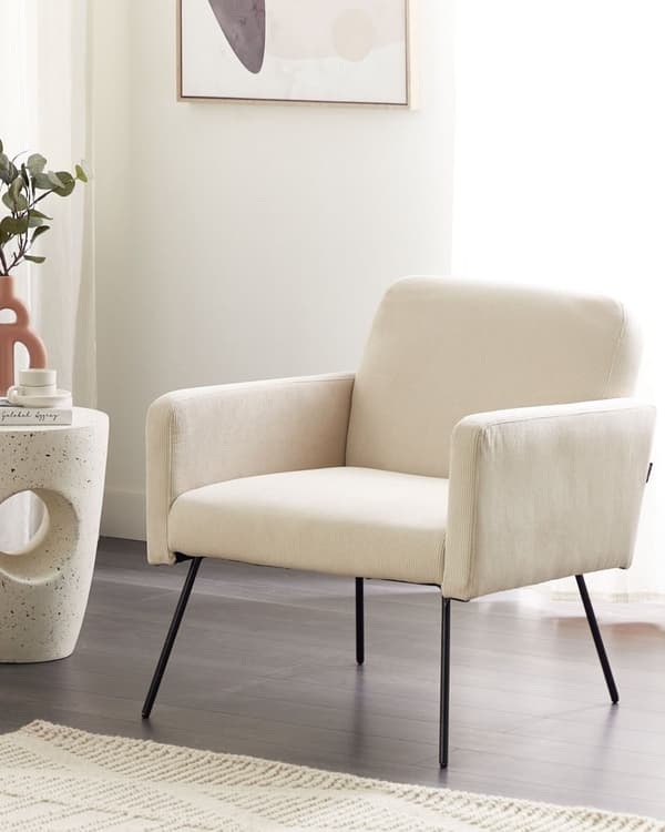 Lenestol Beige Kordfløyel Svarte metallben Moderne Retro Stue Soverom Hvilestol