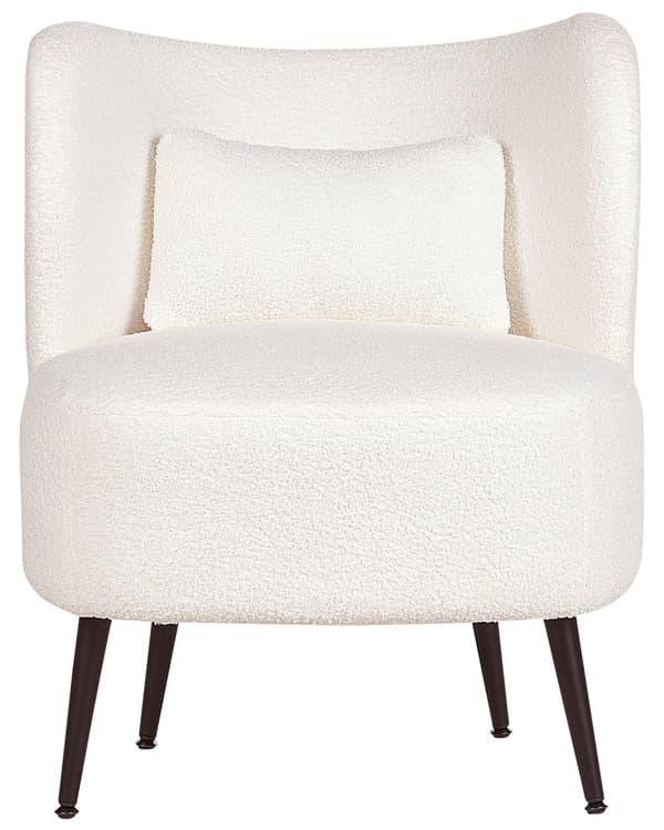 Lænestol hvid creme boucle cocktail sorte ben afrundet ryg glam retro stil lammeskind polstring