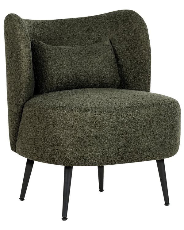 Mørkegrøn boucle cocktail lænestol sorte ben afrundet ryg glam retro stil lammeskind polstring